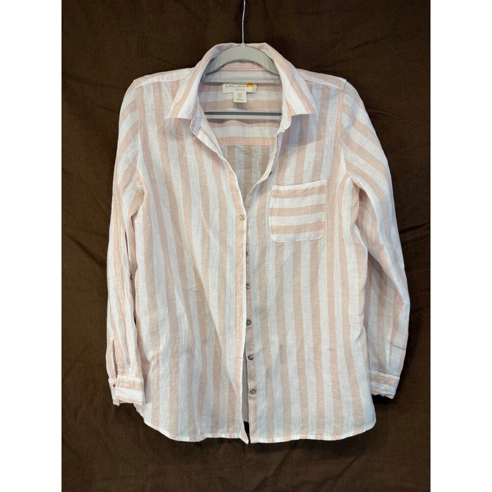 100% Linen Button Down Shirt White and Peach Stripes Women M Swim Cover Up Beach